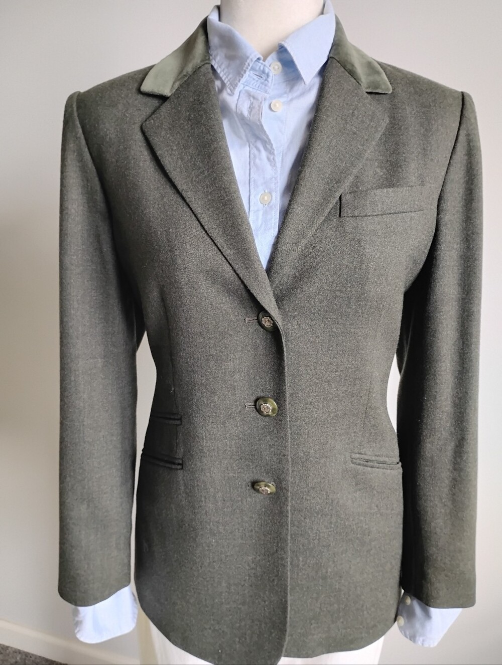 Talbots Vintage Wool Equestrian Blazer Army Green Velvet Collar Classic Size 8P
